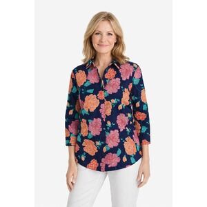 Chico's No-Iron Stain-Shield Button Front Shirt Size 2 (12/14) Floral Navy Pink